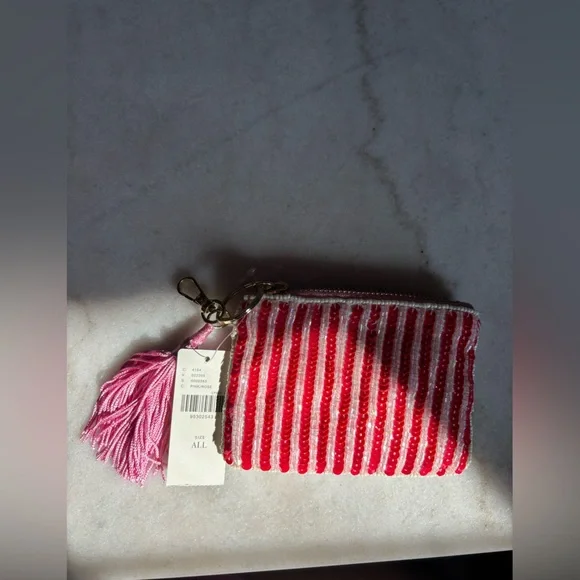 Anthropologie Fiona Beaded Bag Coin Card Charm Rose NWT Pink White - Picture 4 of 4